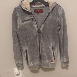 7 For All Mankind Gray Hooded Sherpa-Lined Zip-Up Sweater